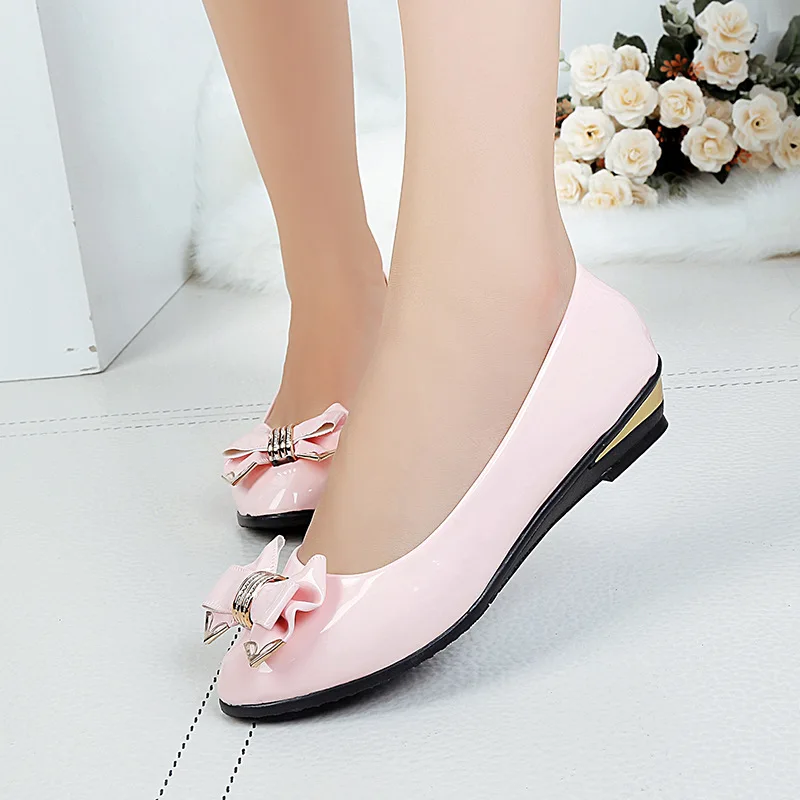 comemore 2021 Spring Bow Women Shoes Lady Ballet Flats Low Wedge Heel Slip on Casual Sweet Wedding Bridal Shoe Shallow Office 34 