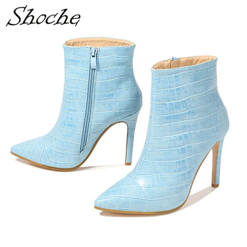 Shoche/розовые ботинки из искусственной кожи; женская зимняя обувь на высоком каблуке; Синие ботильоны для женщин; теплая внутренняя обувь; большие размеры