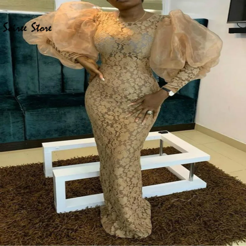 

New Mermaid Gold Prom Dresses 2020 Elegant Lace Long Evening Dresses Modern African Prom Dress With Puff Sleeve Full Length Gown
