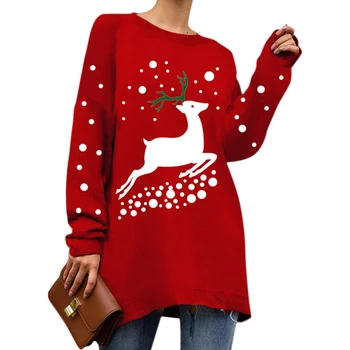 

Christmas Sweater For Women Autumn And Winter Fashion New Round Neck Elk Snowman Print Christmas Loose Sweater