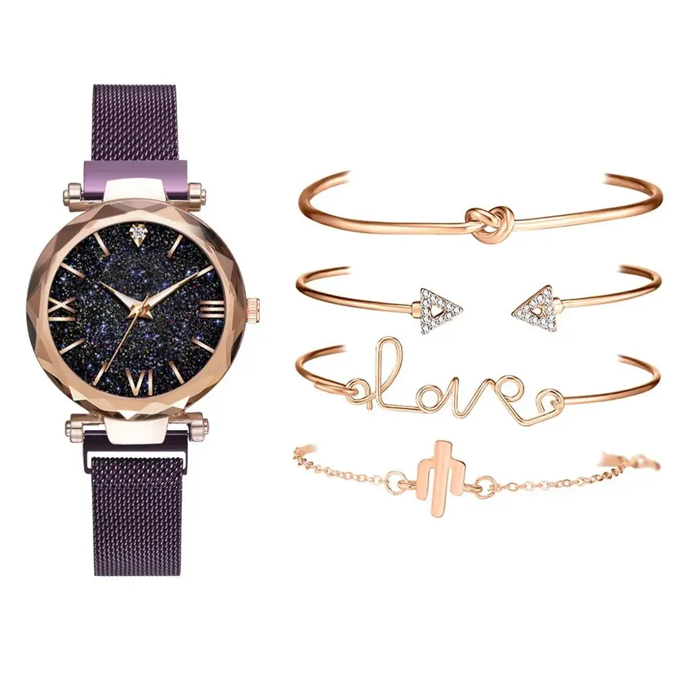 Браслет Комплект часов роскошные женские часы магнитные звездное небо Женские кварцевые наручные часы модные женские наручные часы 5 шт набор - Цвет: Purple 5pcs Set