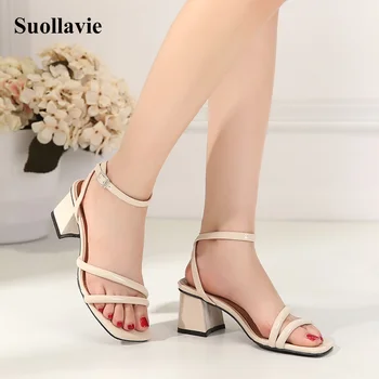 

2019 PU Summer Women Square heel Sandals Shoes Woman Pumps Fashion Concise Open Toe Female Thick heel Sandals Leisure Size 35-40