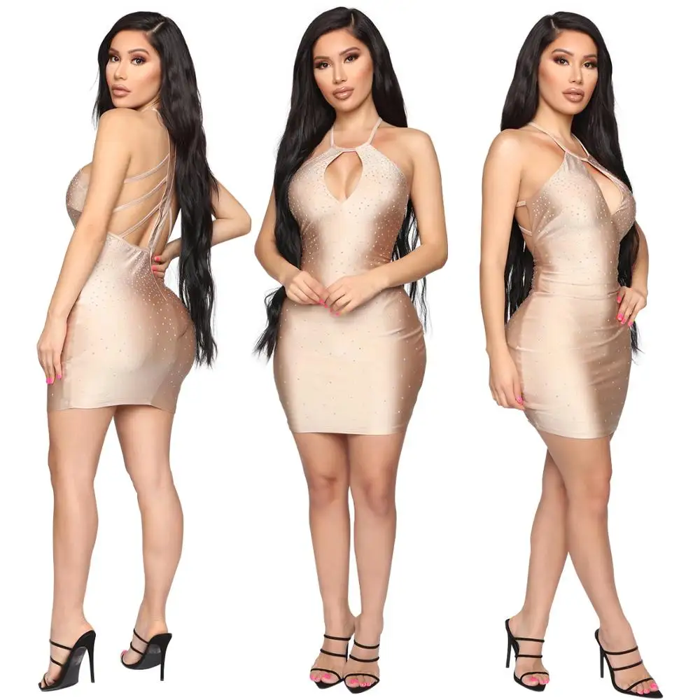 Adogirl бриллианты Bodycon Клубное платье выдалбливают без рукавов Холтер обтягивающее платье с открытой спиной Мини платья для вечеринок женская Мода Vestidos - Цвет: apricot dress