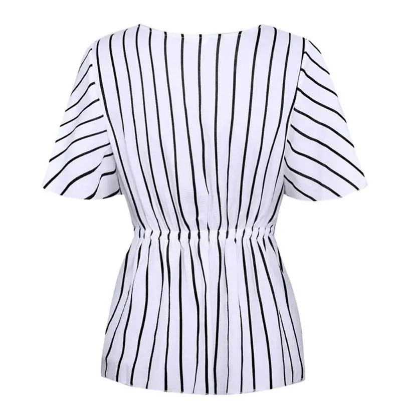 Women Short Batwing Sleeves Chiffon Tops Stripes Printed Ruched Twist Knotted Front Sexy V-Neck Empire Waist Shirts S-2XL