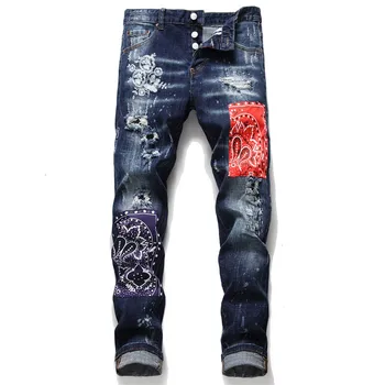 

Moda Hombre 2020 Spring Men's Patchwork Ripped Embroidered Stretch Jeans Trendy Holes Patches Design Slim Straight Denim Pants