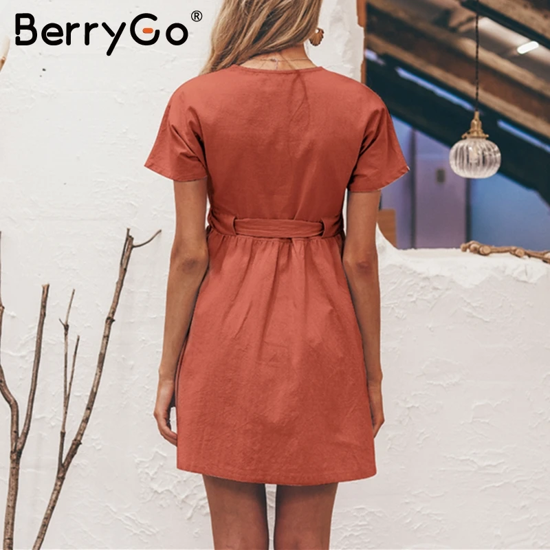 Berrygo винтажное повседневное летнее льняное платье с v-образным вырезом женское Хлопковое платье с короткими рукавами и пуговицами женское Короткое приталенное платье vestidos