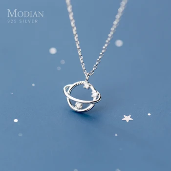 

MODIAN Fashion Shining Clear CZ Planet Pandent Necklace for Women Gift Real 925 Sterling Silver Link Chain Necklace Fine Jewelry