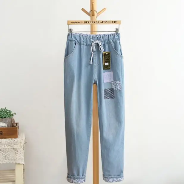 blue style 2 Джинсы для молодых девушек, светло-голубые, с вышивкой, с эластичной талией, с завязками, шаровары, повседневные джинсы для женщин - Цвет: blue style 2