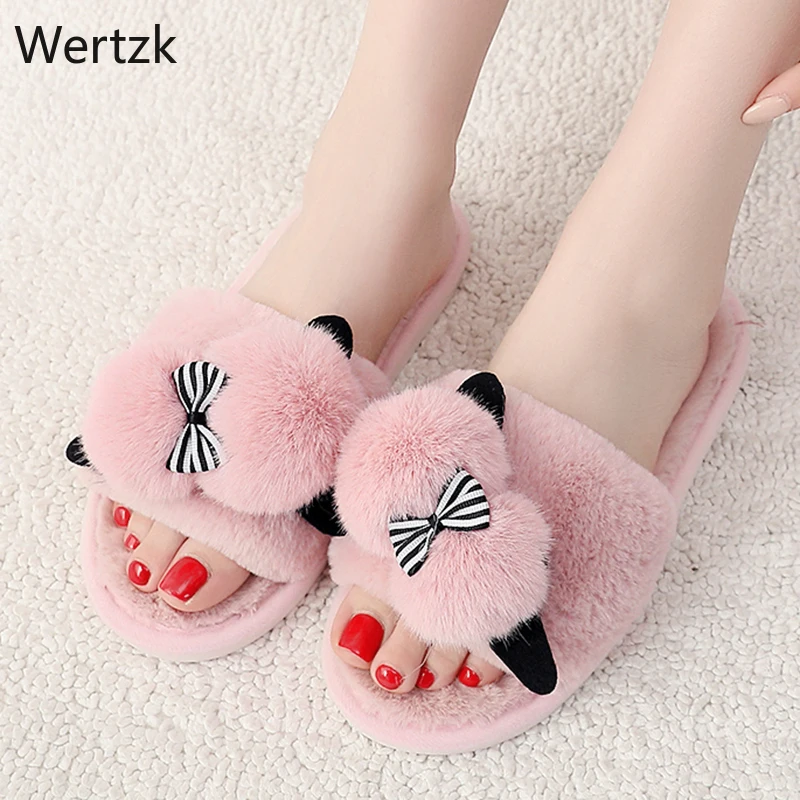 

Winter Women Home Slippers with Faux Fur Fashion Warm Shoes Woman Slip on Flats Female Slides Black Pink Plus Size 41 B097