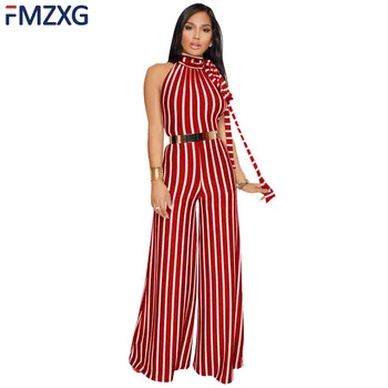 

Striped Halter Neck Sleeveless Skinny Wide Leg Palazzo Pants Jumpsuit Female Elegant Backles Club Party Bandage Rompers Overalls