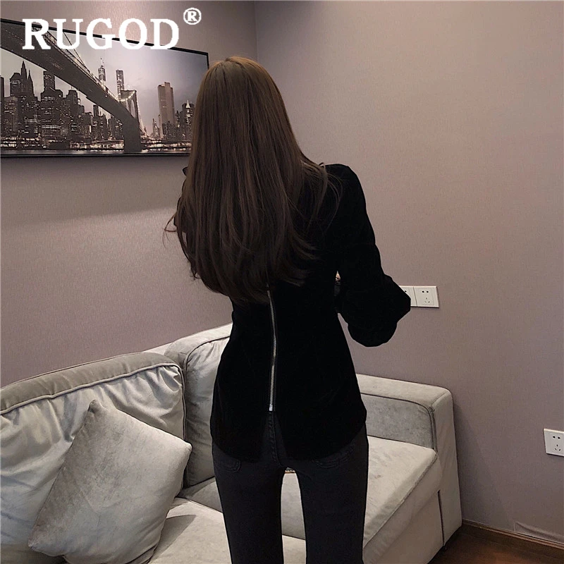 RUGOD, новинка, элегантные офисные женские рубашки, модные, с оборками, v-образный вырез, тонкая, Вельветовая женская блузка, Ретро стиль, рукав-фонарик, повседневные топы