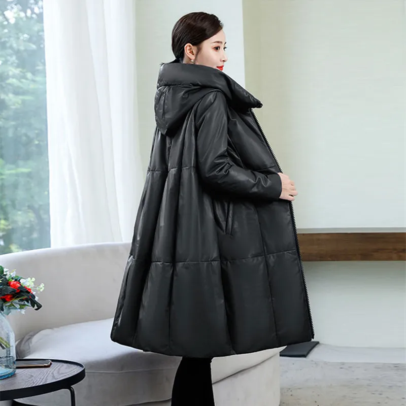 HANZANGL размера плюс M~ 4XL Новое кожаное пальто женский пуховик Зимняя мода с капюшоном длинный плащ кожаная одежда