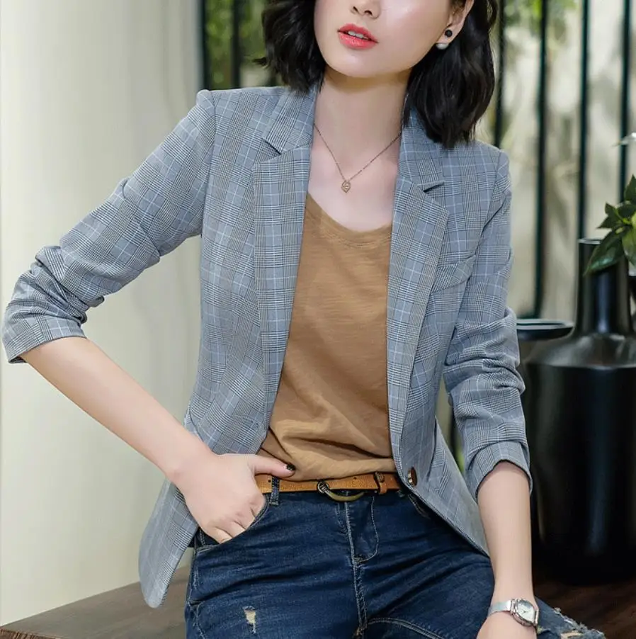 

2020 Spring Autumn Women Retro Style Plaid Blazers And Jackets Long Sleeve Female Work Wear Fashion Outwear Plaid One Button