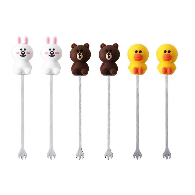 6pcs/set Cartoon Child Fruit Forks Creative Mini Cartoon Plastic Fruit Forks Kitchen Bar Kids Dessert Forks Stick Eco Friendly
