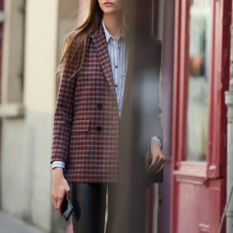 Women Coat Autumn / Winter New Classic Houndstooth Plaid Contrast Lapel Long Sleeve Women Blazers Jackets