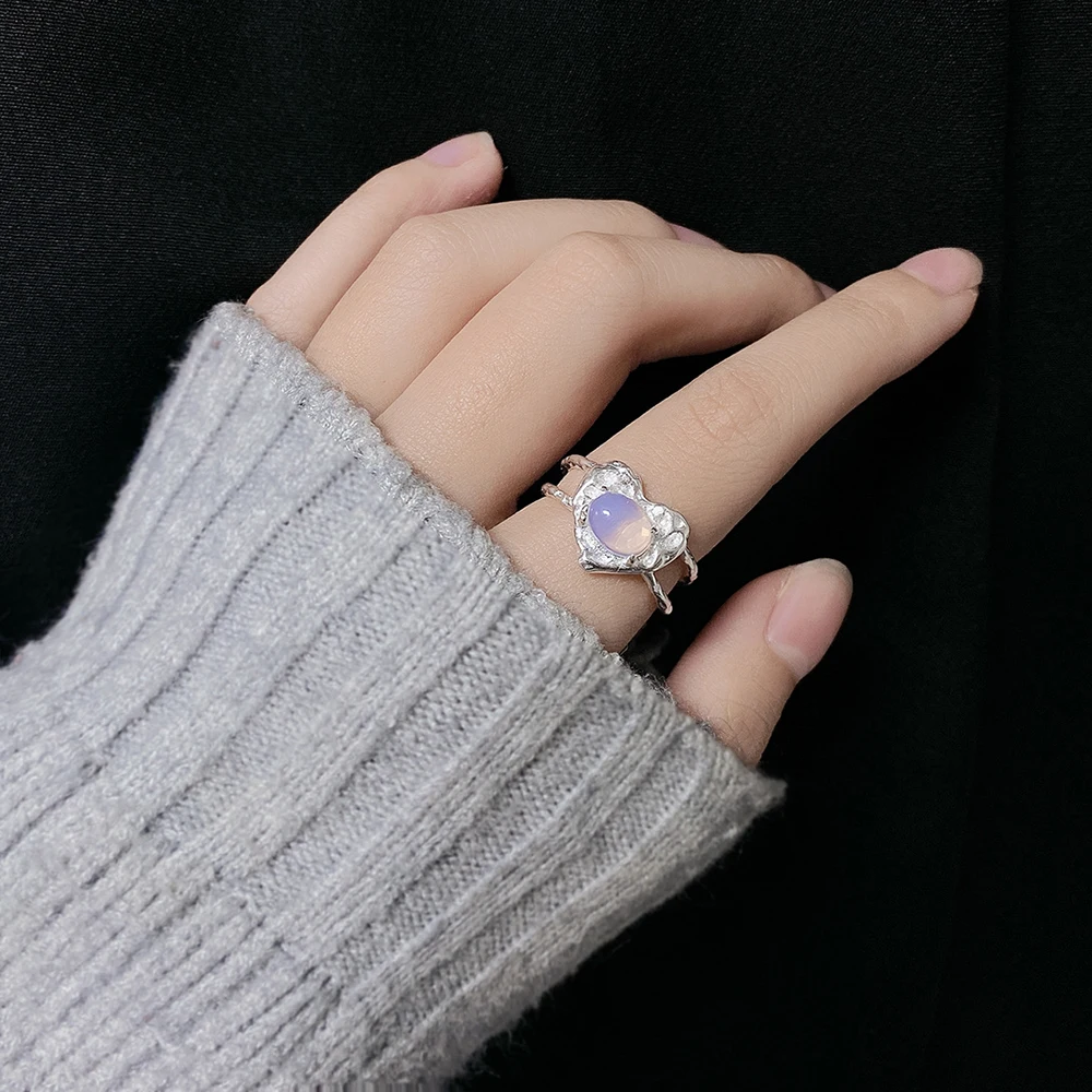 Silver Color Trendy Crystal Stone Heart-Shape Double-deck Opening Adjustable Ring for Women Design Irregular Surface Jewelry | Украшения и