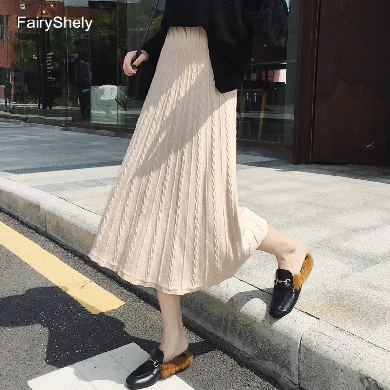 FairyShely, трикотажная плиссированная Длинная женская юбка, Осень-зима, эластичная лента, высокая талия, Теплая юбка, ребристая, черная, макси, офисная юбка - Цвет: Хаки