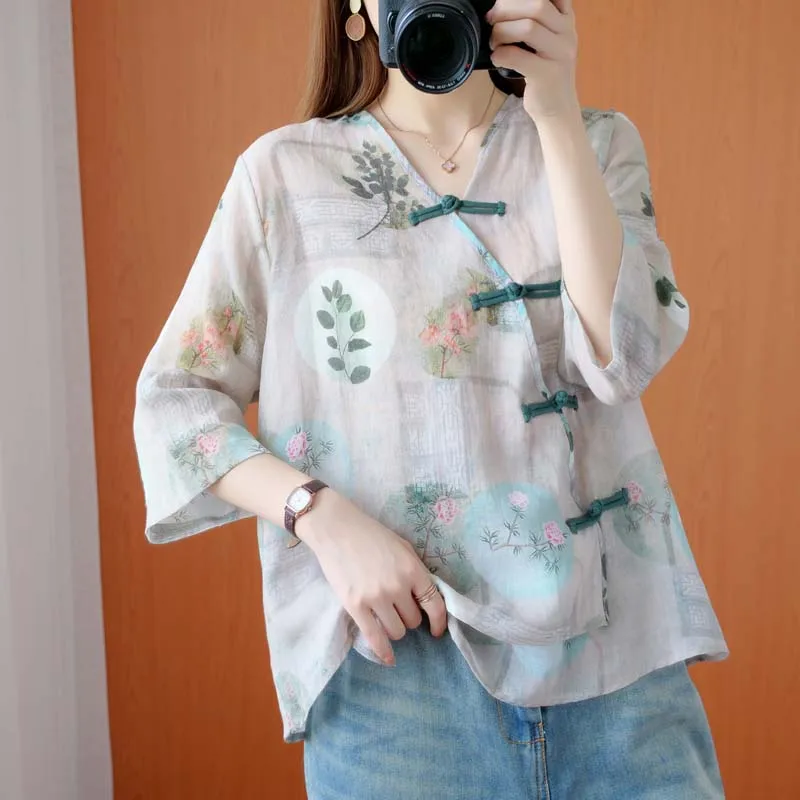 New Traditional Chinese Top Chinese Flower Print Hanfu Clothes Oriental Clothing Traditional Linen Blouse For Women