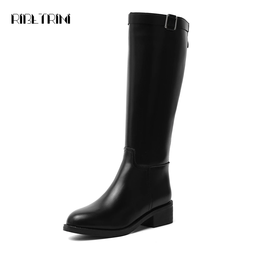

RIBETRINI High Quality Chunky Heels Knee High Boots Woman Shoes Zip Up Hot Sale New Fashion Black Shoes Woman Boots Female