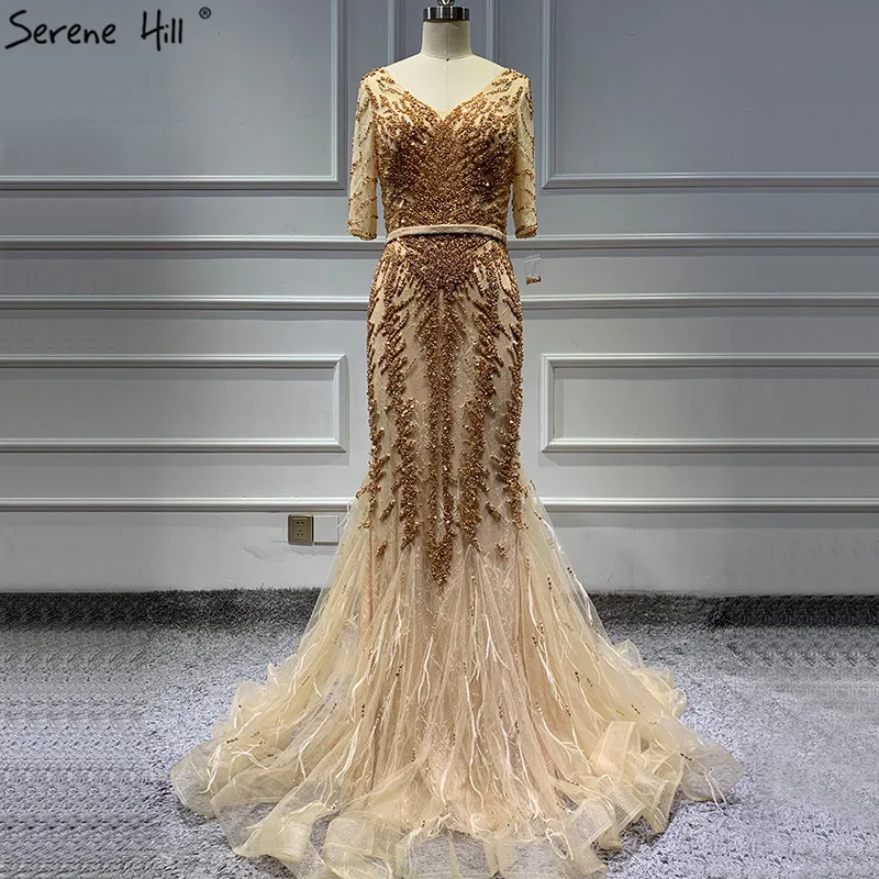 Дубай, новые модные вечерние платья с v-образным вырезом, реальное фото, половинные рукава, расшитые бисером и блестками, Сексуальные вечерние платья LA6563 - Цвет: gold