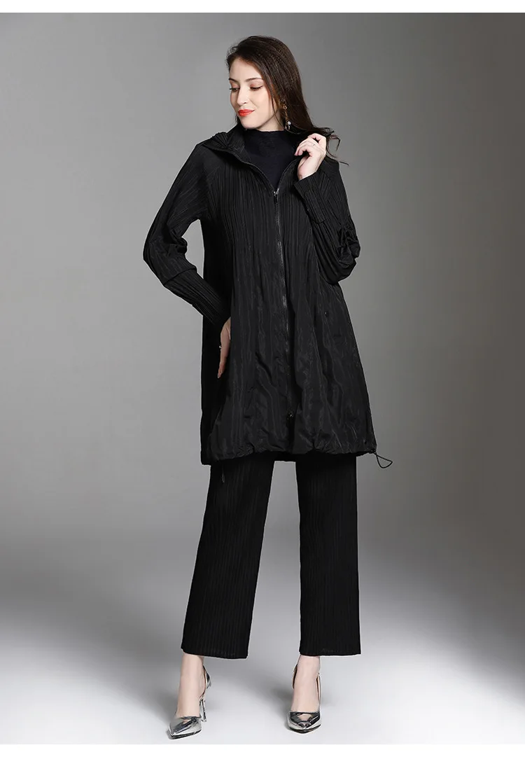 LANMREM Новое модное Плиссированное пальто на молнии с отложным воротником женский черный серый Тренч с длинным рукавом Vestido YF364
