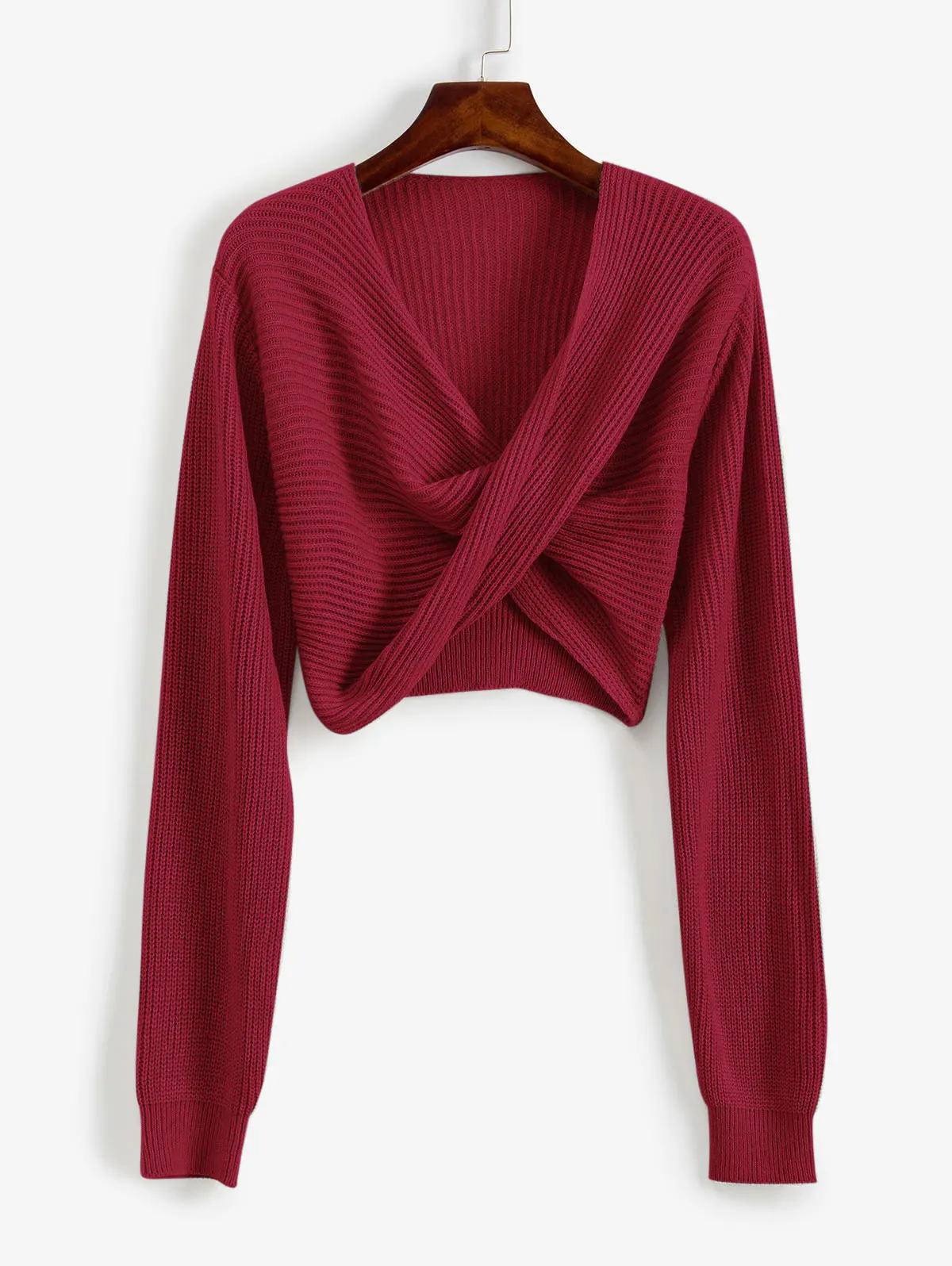 Cherry Red ZAFUL женский укороченный свитер с v-образным вырезом и перекрещивающимися узорами спереди, однотонные свободные вязаные топы, 9 цветов, эластичные короткие пуловеры, свитер - Цвет: Cherry Red