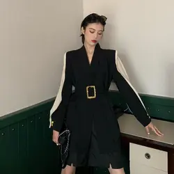 Корейский 2019 женский негабаритный Блейзер ремень черный длинный пиджак и куртки Femme Повседневная Chaqueta Mujer Bleiser Feminino