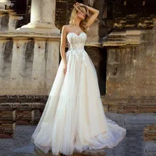 Vestido de novia Vintage de tul champán, bohemio, Princesa, línea A, Apliques de encaje, escote corazón, sin tirantes, sin espalda, 2022