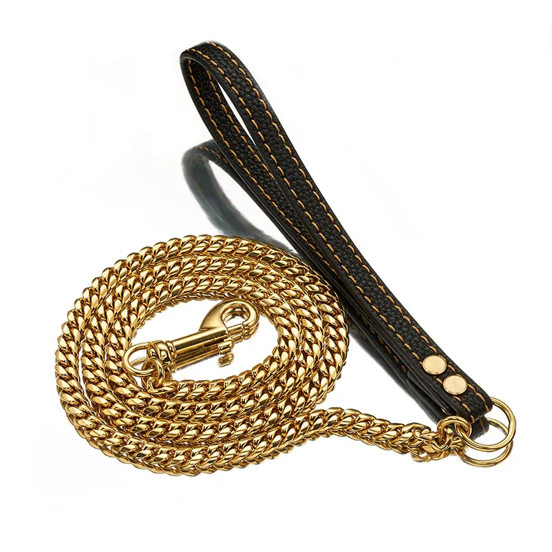 

10mm Luxury Gold Stainless Steel Heavy Duty Pet Leash for Large Dogs Fashion Durable Dog Chain with Genuine Leather Handle 10A