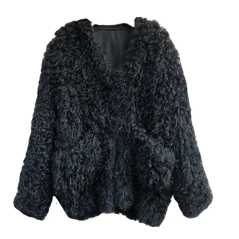 Rf0250 натуральное овечье меховое вязаное пальто для женщин Новое поступление натуральный мех пальто свободный стиль длинный рукав зимняя верхняя одежда