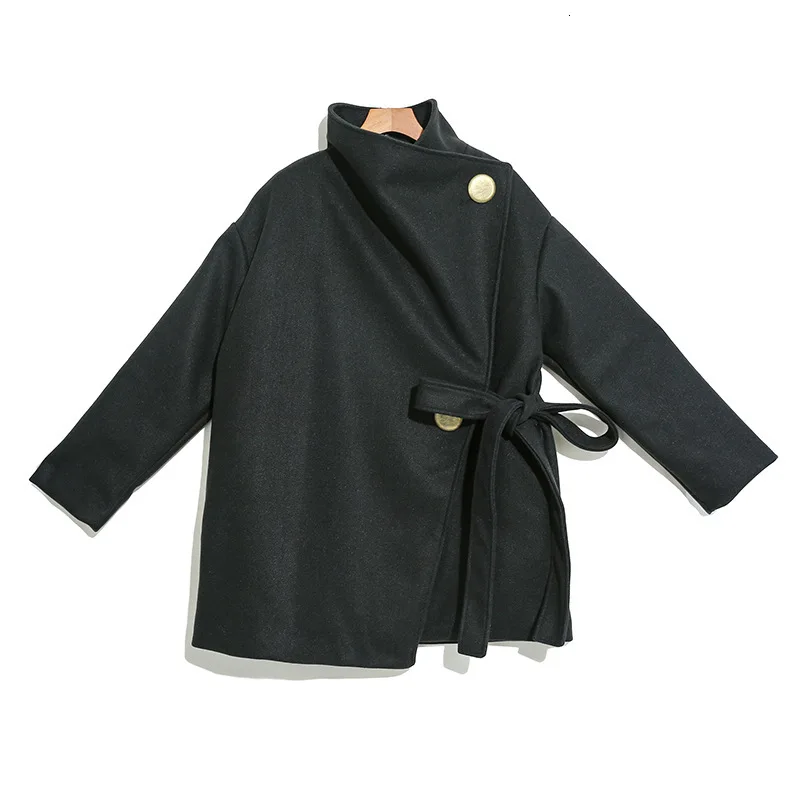LANMREM зимнее Новое индивидуальное черное шерстяное пальто для женщин с высоким воротником и завязками теплое необычное пальто PB891