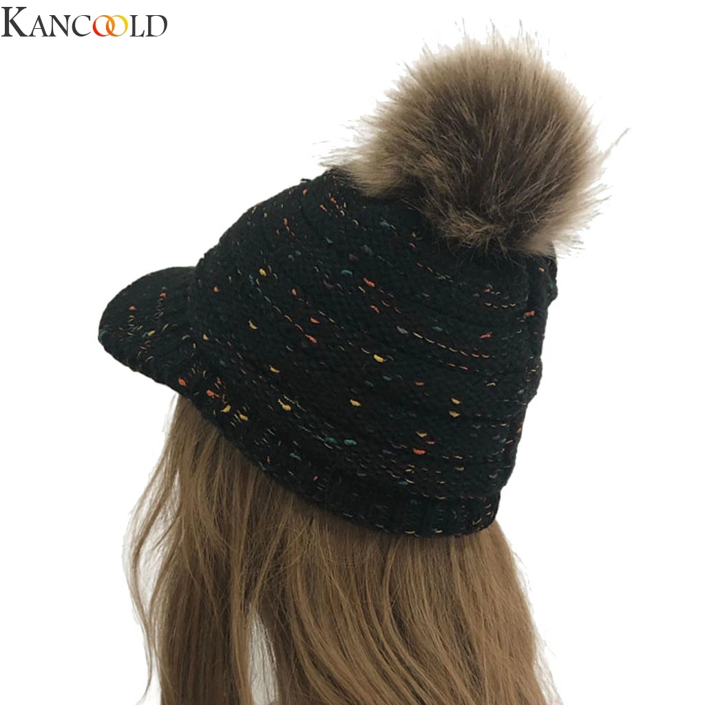 KANCOOLD, новинка, зимние женские тёплые вязаные шапки, шапочка с помпоном, теплые шерстяные уличные шапки, Новое поступление, повседневная верхняя одежда, теплая шапка с ушками - Цвет: BK