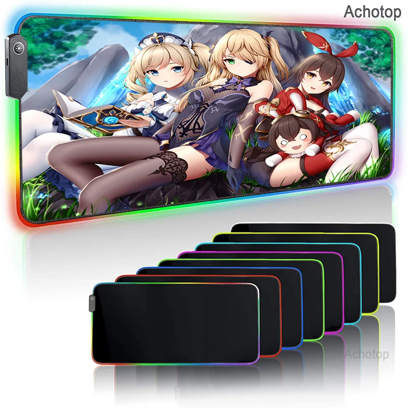 

Игровой коврик для мыши, большой Противоскользящий коврик для мыши с RGB светодиодной подсветкой, USB, аниме Genshin, Настольный коврик для ноутбу...