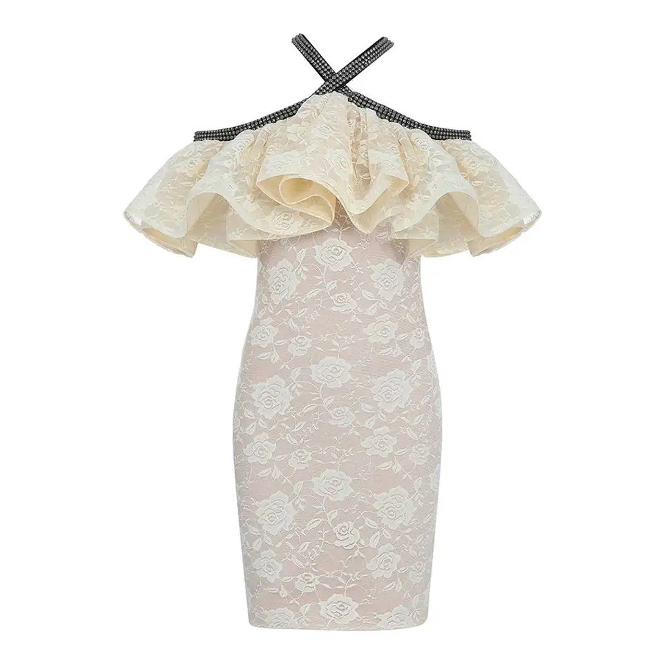 DressBird женское летнее Белое Кружевное облегающее платье сексуальное платье с бретельками и оборками без рукавов элегантные Клубные платья знаменитостей