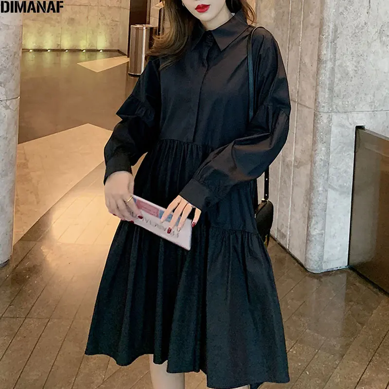 

DIMANAF Plus Size Women Dress Summer Elegant Pleated Long Sleeve Female Vestidos Sundress Loose Casual Lady Shirt Dress Clothing