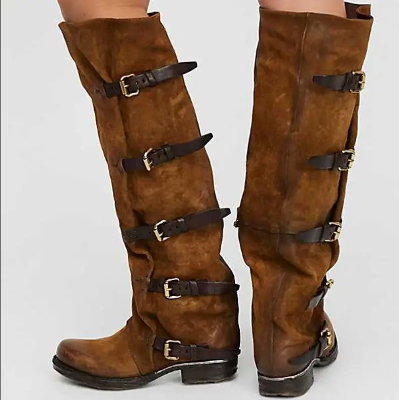 

Женские сапоги до колена на низком каблуке, кожаные сапоги, женские зимние сапоги в стиле ретро, модные римские сапоги, женские сапоги