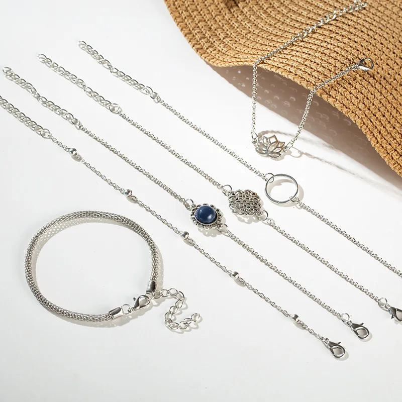 

6 Pcs/set Fashion Hollow Lotus Gem Circle Crystal Bead Simple Multilayer Silver Color Bracelet Set Women Party Wedding Jewelry