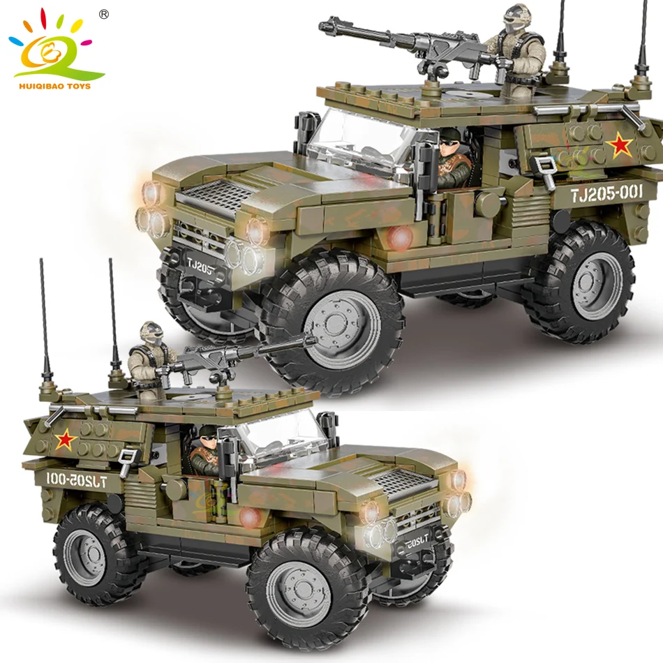 HUIQIBAO Military Model Building Blocks 405pcs WW2 Armored Car Vehicle with 2 Soldier Army Weapon Truck Bricks Toys For Children