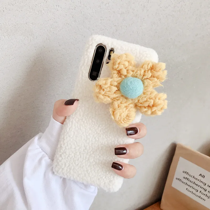 Пушистый Плюшевый чехол с цветами для iPhone 11 11 Pro Max X XR XS MAX Чехол Мягкий Силиконовый противоударный чехол для iPhone 7 8 6 6S Plus оболочка - Цвет: White