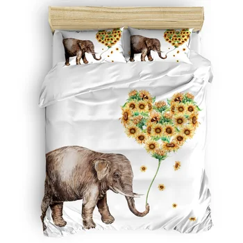 

4 Pcs Duvet Cover Loving Sunflower And Elephant Design Bedding Set Home Bedding Set Luxury Comforter Bedding Sets