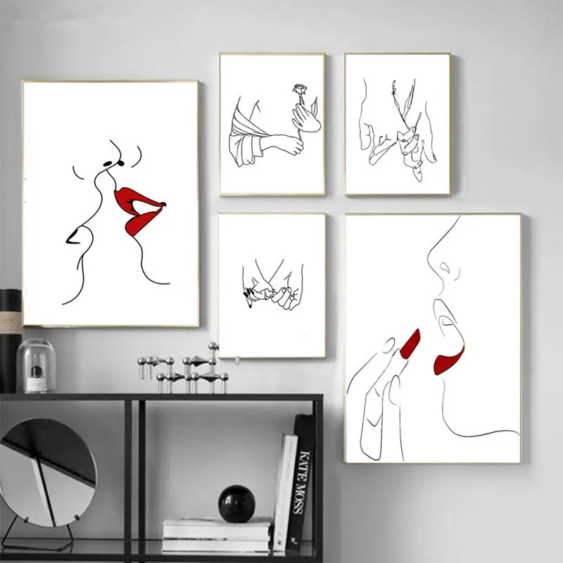 Плакат Настенные живописные картины на стену женские красные губы рисование линий плакаты на скандинавскую тему и принты домашний декор Настенная картина искусство