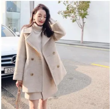 

Lanxirui Women Two Piece Outfits Autumn and Winter New Cashmere Long Herringbone Pattern Turn-down Collar Pockets Button