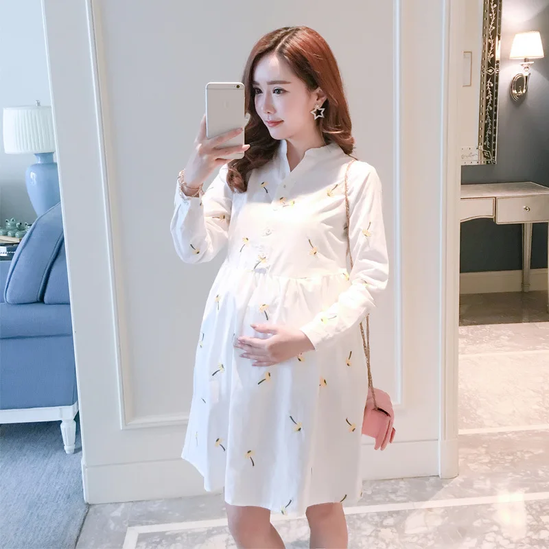 

Embroidered Dress Maternity Vestidos Long Sleeve Dresses Pregnancy Clothes For Pregnant Women Dresses Autumn Bottoming Clothing