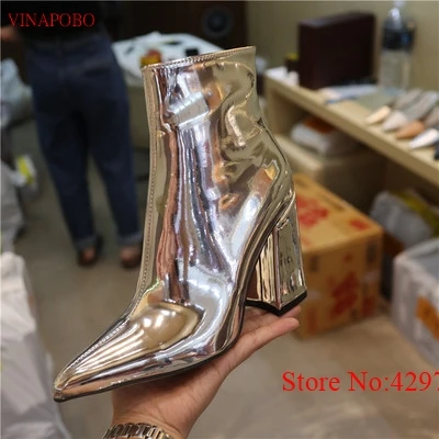 Vinapobo/модные женские ботильоны из лакированной кожи золотого, Серебряного и металлического цвета ботинки на высоком каблуке с острым носком пикантные женские ботинки на не сужающемся книзу массивном каблуке