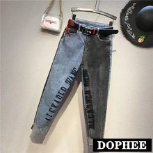 Европейские джинсы, новинка, женские весенние и осенние шаровары средней посадки с буквенным принтом, джинсовые брюки хитового цвета