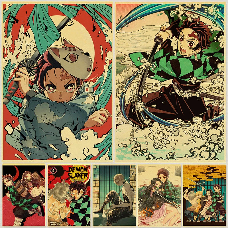 Demon Slayer Kimetsu No Yaiba Tanjirou Nezuko Anime Poster Kraft Paper Vintage Posters Home Room Art Wall Stickers Painting Calligraphy Aliexpress