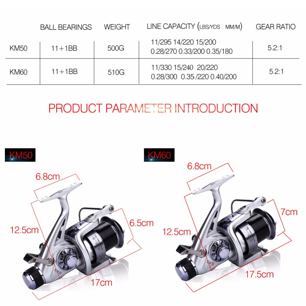 Sougayilang KM50-60 Spinning Reel 5.2:1 Gear Ratio Right Left Hand Interchangeable Fishing Coil Reel 11+1BB Feeder Carp Reel