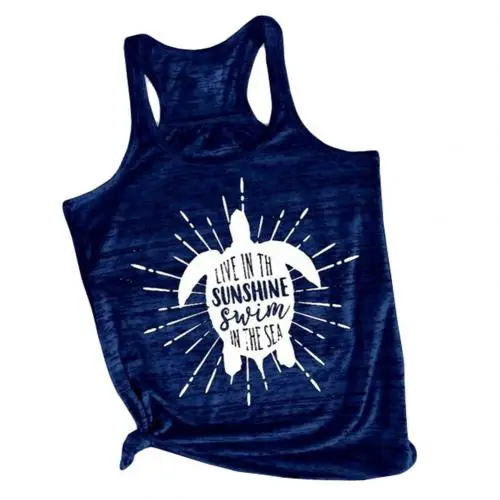 Chic Funny summer female cartoon letter animal print U collar sleeveless vest plus oversize vest - Цвет: Синий