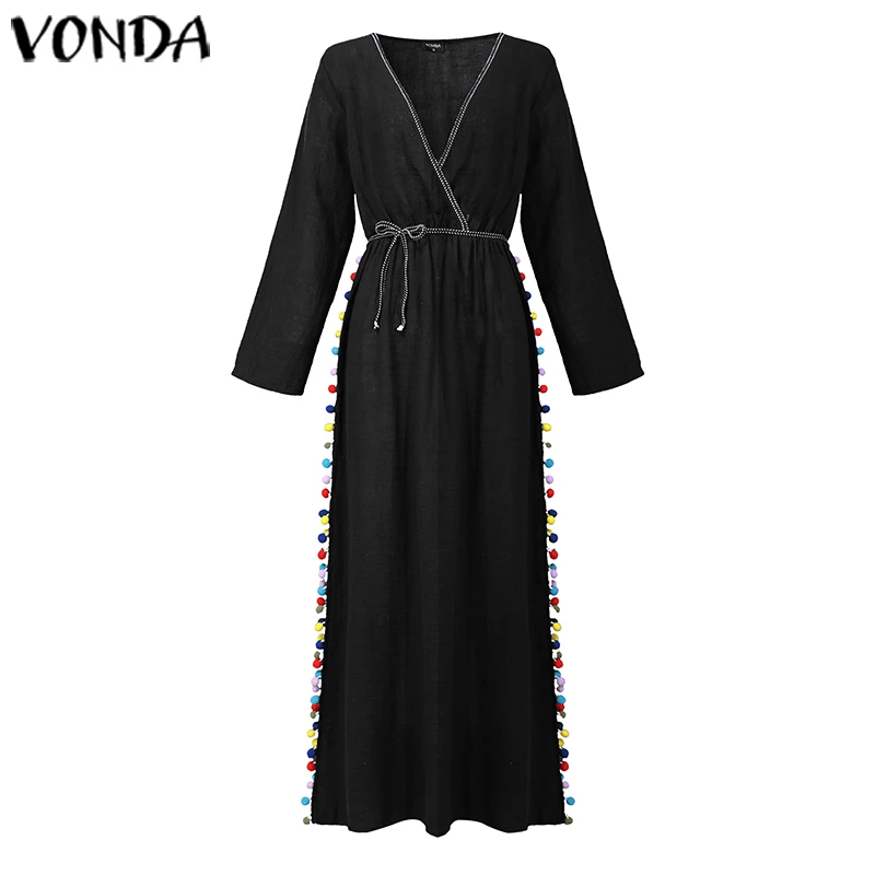 С длинным рукавом платье для беременных VONDA Для женщин сексуальный v-образный вырез однотонный Цвет белое ремень Платья для вечеринок в богемном стиле Vestidos Robe S-5XL