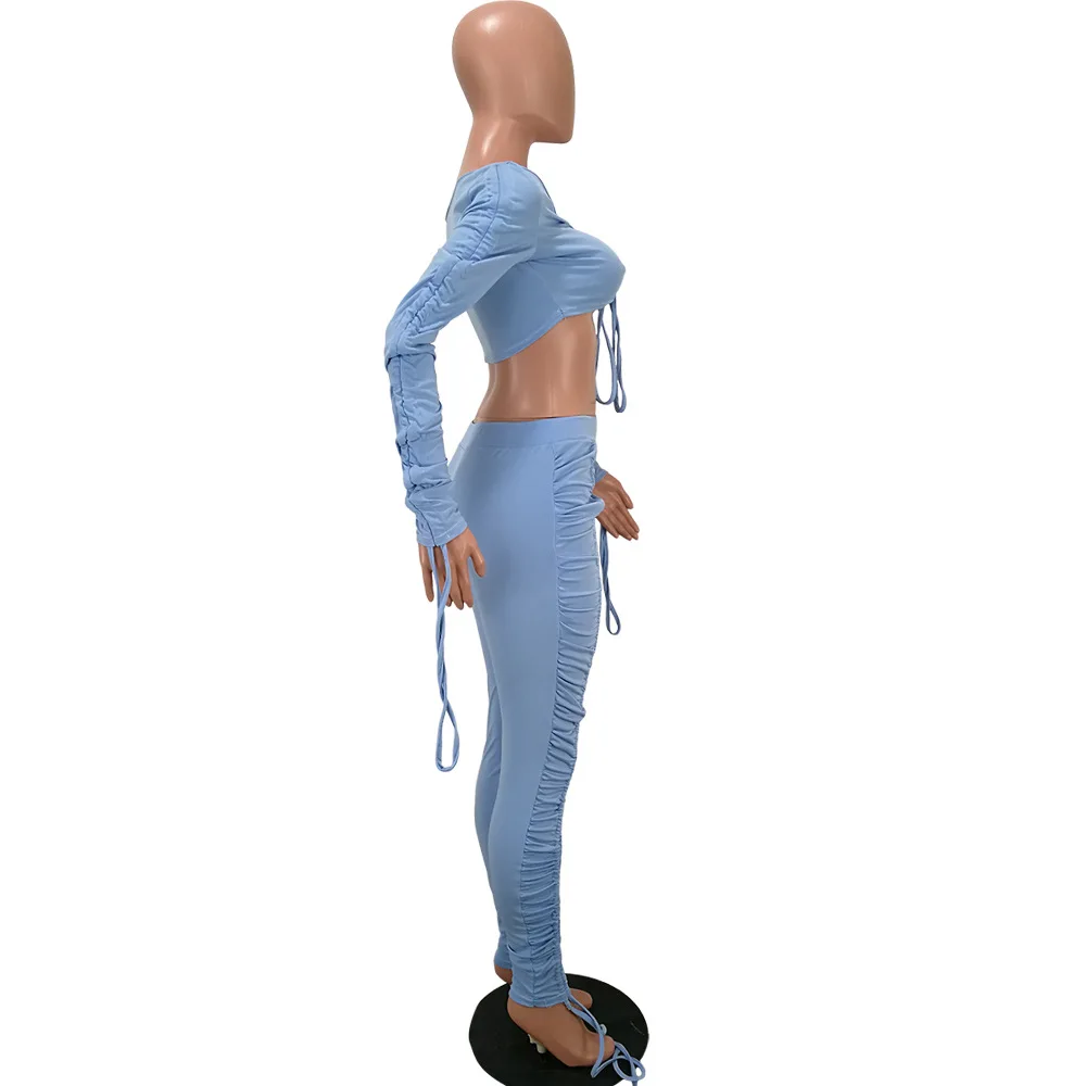 Sexy Stacked Pants Joggers Women Two Piece Set Slash Neck Crop Top + Pants Long Pants Summe Clothes For Women